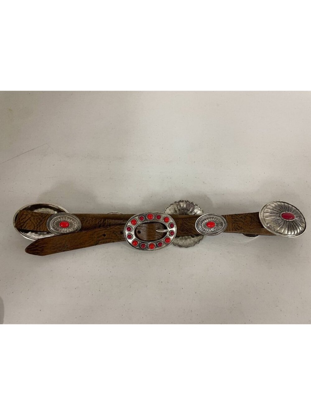 Zara Womens Brown Leather Belt Silver Tone Ornate Concho Red Stone NW0T